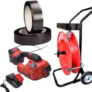 Kit de cerclage polypropylène TITAN 10-16mm PET/PP avec batterie, chargeur, feuillard PP 12mm, chariot-dévidoir