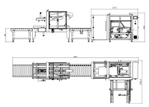 Schéma d’implantation de la ligne LINEBOX-03 : formeuse de cartons, convoyeur à rouleaux et scotcheuse carton en ligne